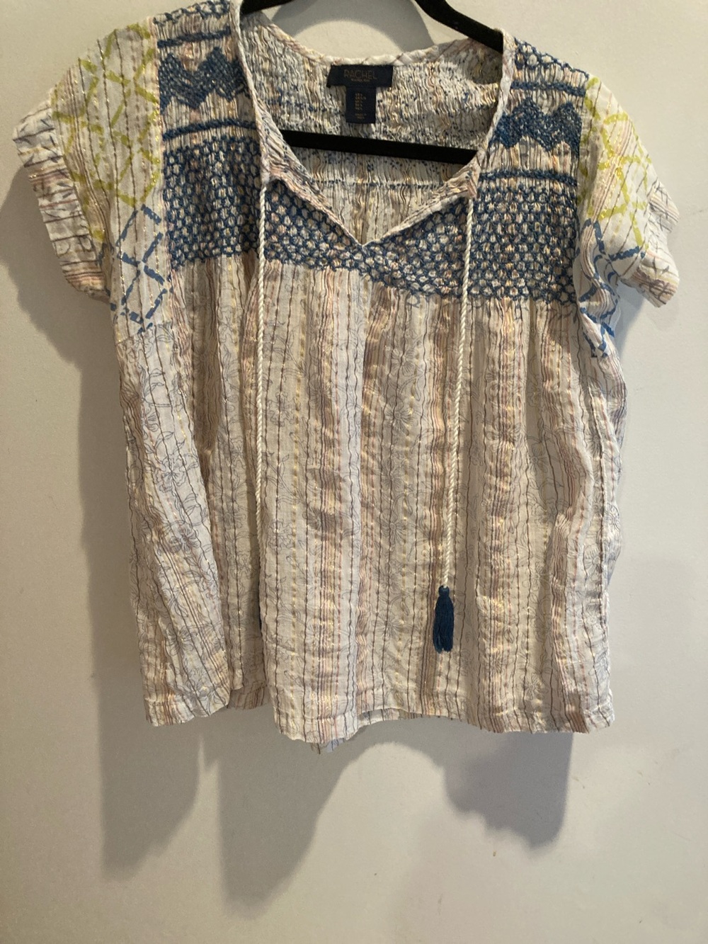RACHEL Rachel Roy Cream Bo Ho style with Blue Embroidered Yoke and Tassels